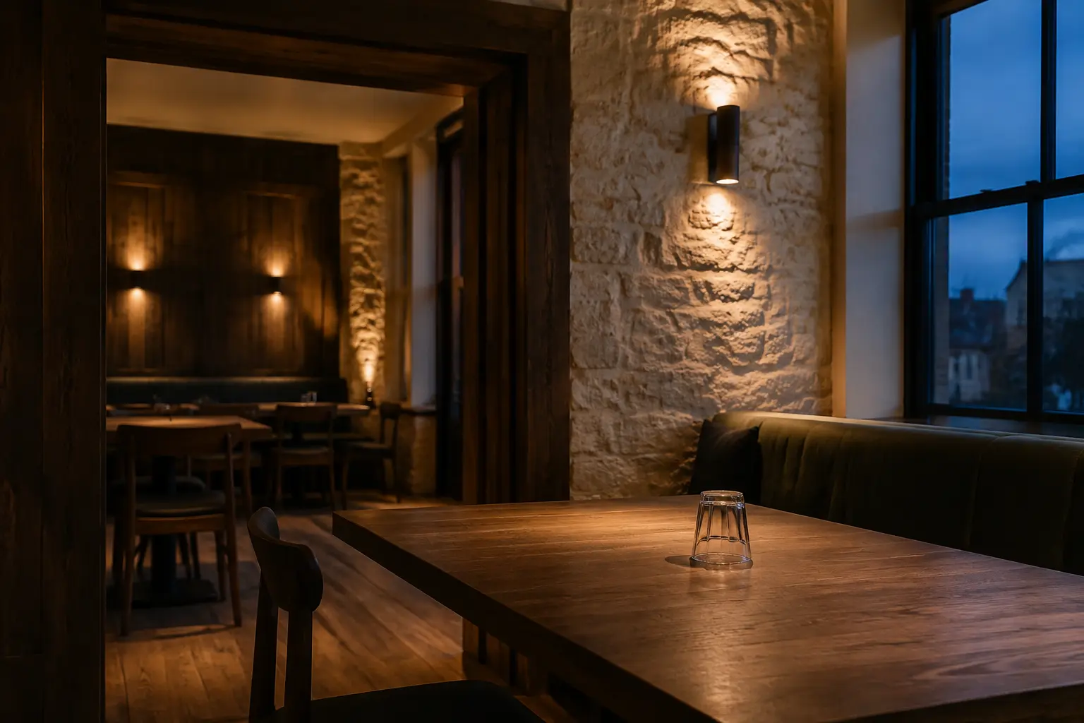 Empty contemporary wood-and-stone tasting room at blue hour with an upside-down clear glass