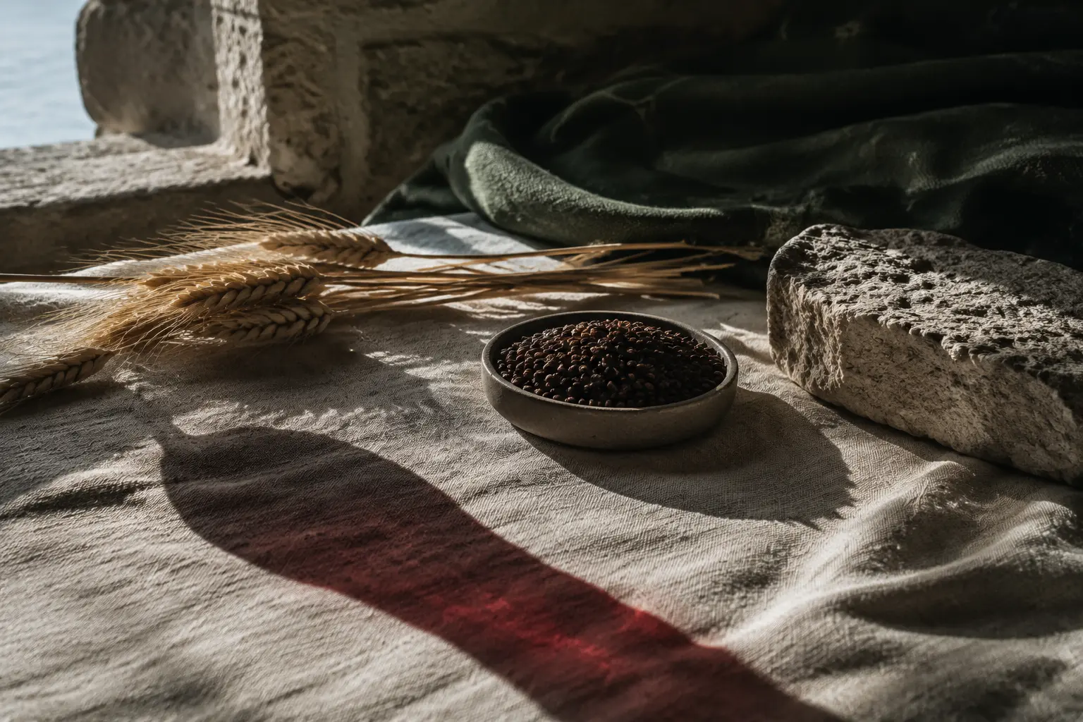 Barley, dark malt, limestone and linen crossed by a long ruby shadow